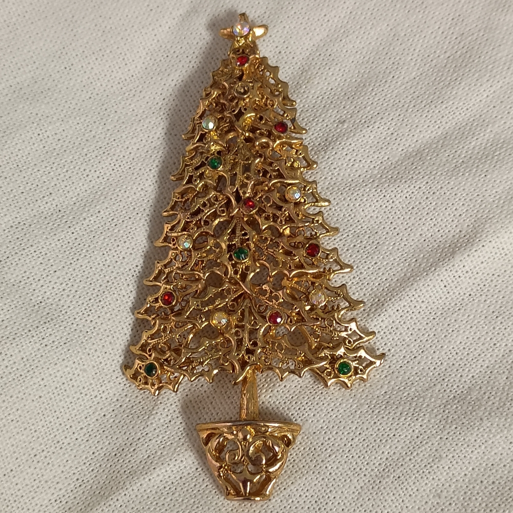 ❤️TANCER II CHRISTMAS TREE MULTI JEWELED BROOCH PIN 3 1/4"
